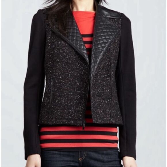 EUC Bailey 44 Nordstrom Tweed Faux Leather Quilted Collar Trim Moto Jacket Size - Picture 2 of 11